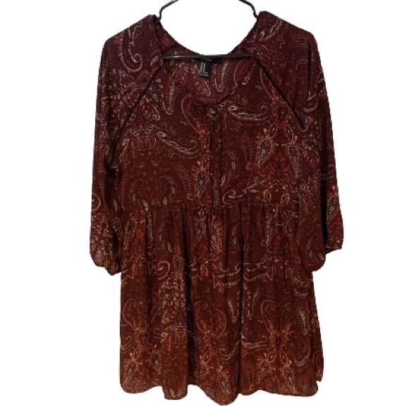 🔥2/$10🔥 F21 Burgundy Paisley 3/4 Length Sleeve Mini Dress - Picture 1 of 7